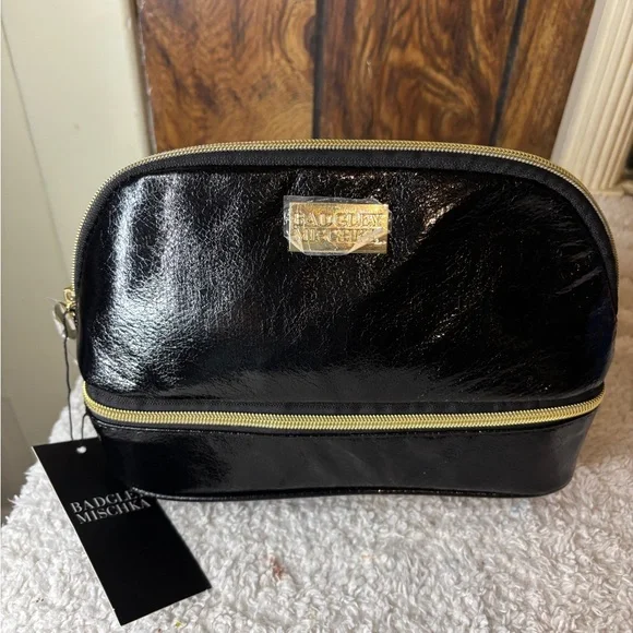 NWT Badgley Mischka Black Patent Cosmetic Pouch with Gold Hardware with bottle - Picture 1 of 6